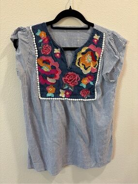 Blue Striped Embroidered Peasant Blouse with Floral Yoke